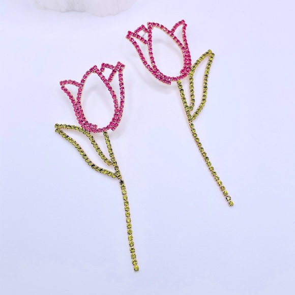 Zara Pink Tulip Rhinestone Earrings - Picture 3 of 5